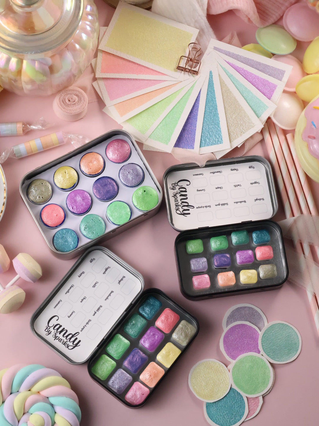 Candy | 12 metallische Pastell-Aquarellfarben | Handgefertigte Aquarellpalette | Intensives und brillantes Set