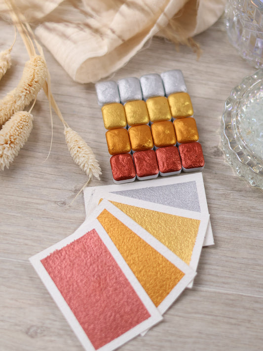 Aiguptos - 4 aquarelles métallisées | aquarelles artisanales françaises | peinture pour artiste | aquarelle brillantes or argent et bronze