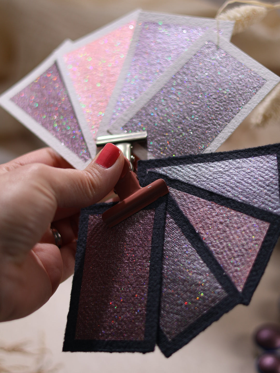 Orphée | 4 aquarelles pailletées | aquarelles artisanales | fabriqué en France | paillettes holographiques
