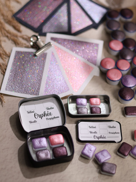 Orphée | 4 aquarelles pailletées  | aquarelles artisanales | fabriqué en France | paillettes holographiques