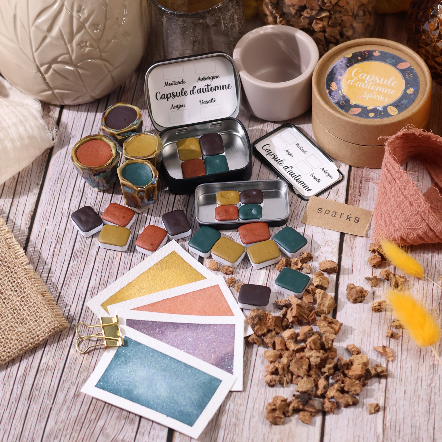 Herbst-Set | 4 Aquarellfarben mit glänzendem Samteffekt | Handgefertigt | Glänzende, granulierte Aquarellfarben | Künstler-Geschenkset | Malen für Erwachsene