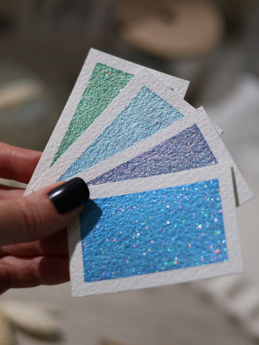 Pégase | 4 aquarelles pailletées bleu, vert et gris | aquarelles artisanales | fabriqué en France | paillettes holographiques