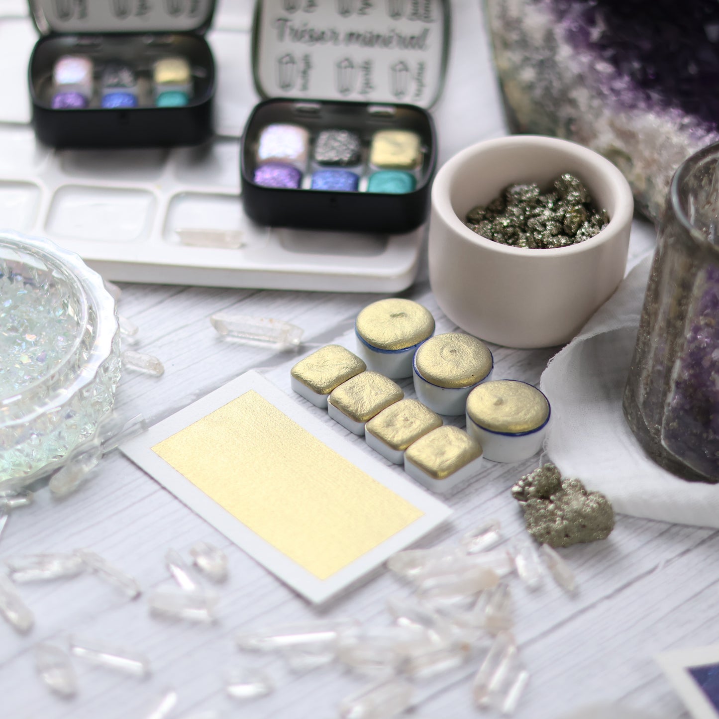 Trésor minéral | 6 aquarelles à effet | fait main | aquarelle brillante | coffret cadeau artiste | coloriage adulte