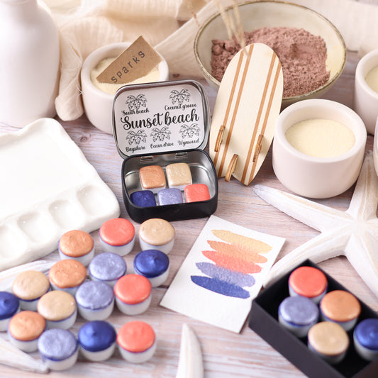 Sunset Beach | 5 aquarelles métallisées  | fait main | aquarelle brillante | coffret cadeau artiste | coloriage adulte