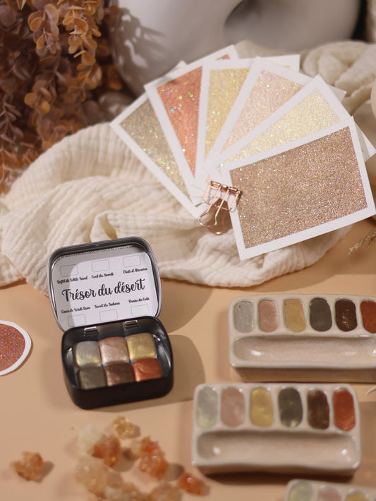 Trésors du Désert | Aquarelles à paillettes holographiques | 6 aquarelles à effet | brillantes, poétiques et lumineuses | Fait main