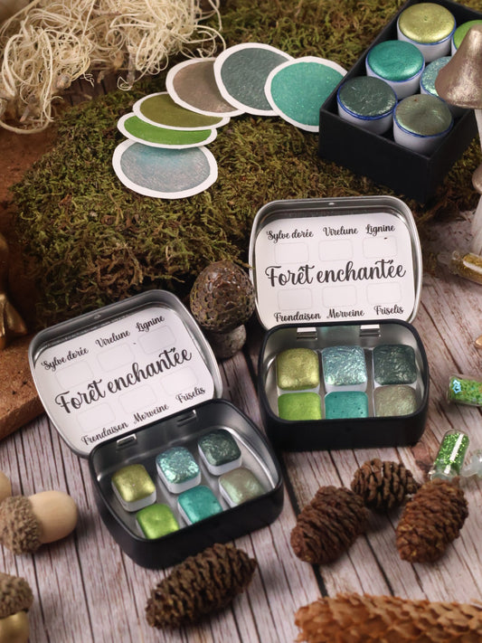 Forêt Enchantée | Aquarelles à paillettes | 6 couleurs magiques et féeriques | Profondes, lumineuses, mystérieuses | Fait main