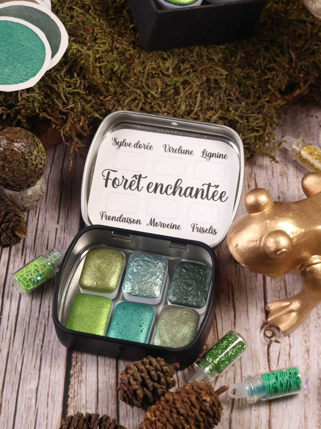 Forêt Enchantée | Aquarelles à paillettes Velvet | 6 couleurs magiques et féeriques | Profondes, lumineuses, mystérieuses | Fait main
