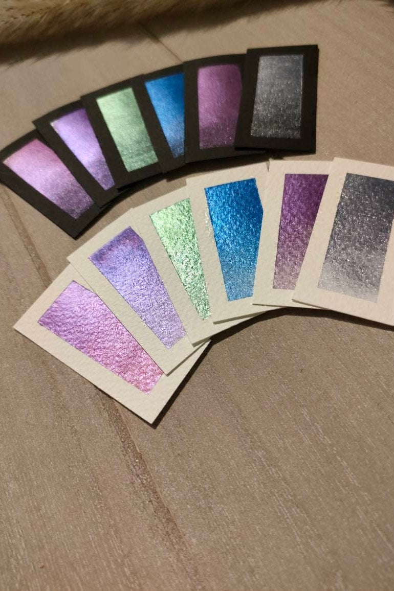 Voyage en Grèce | 6 aquarelles métallisées | couleurs intenses | brillantes bleues intentses | palette fait main | sparks godet