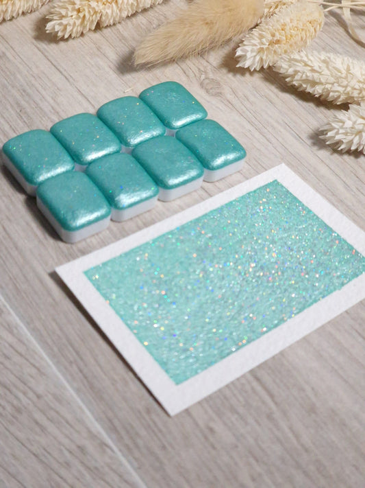 Sweetie | Quart de godet d'aquarelle pailletée | aquarelle holographique menthe à l'eau | aquarelle scintillante | fabriquée à la main
