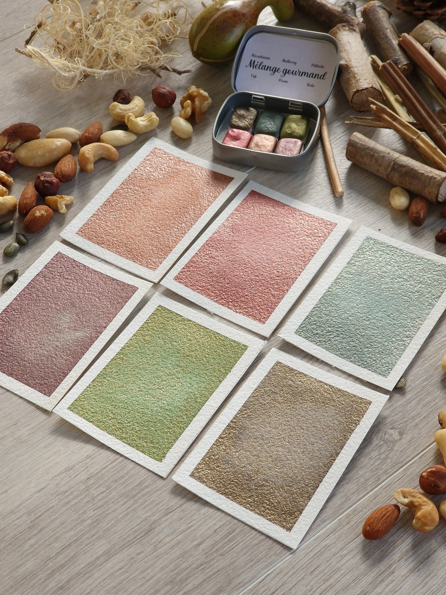 Mélange gourmand - 6 aquarelles métallisées | aquarelles granulation duochrome | aquarelle métallisées et pailletées | aquarelle artisan