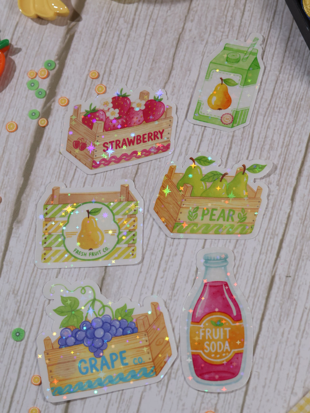 Lot de 6 stickers Tutti Frutti en vinyle scintillant – Stickers pailletés