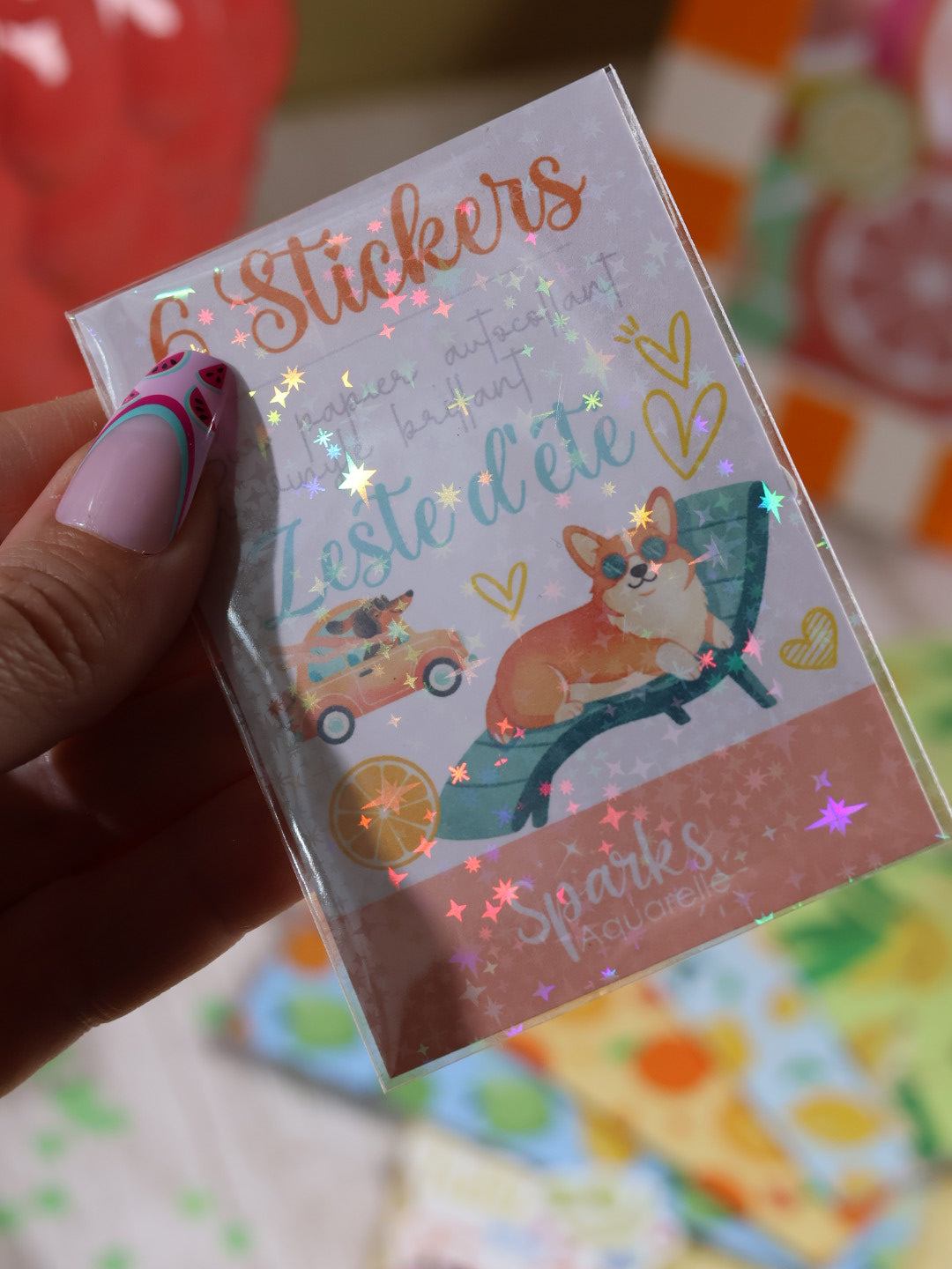 Lot de 6 stickers Zeste d’été en vinyle scintillant – Stickers pailletés