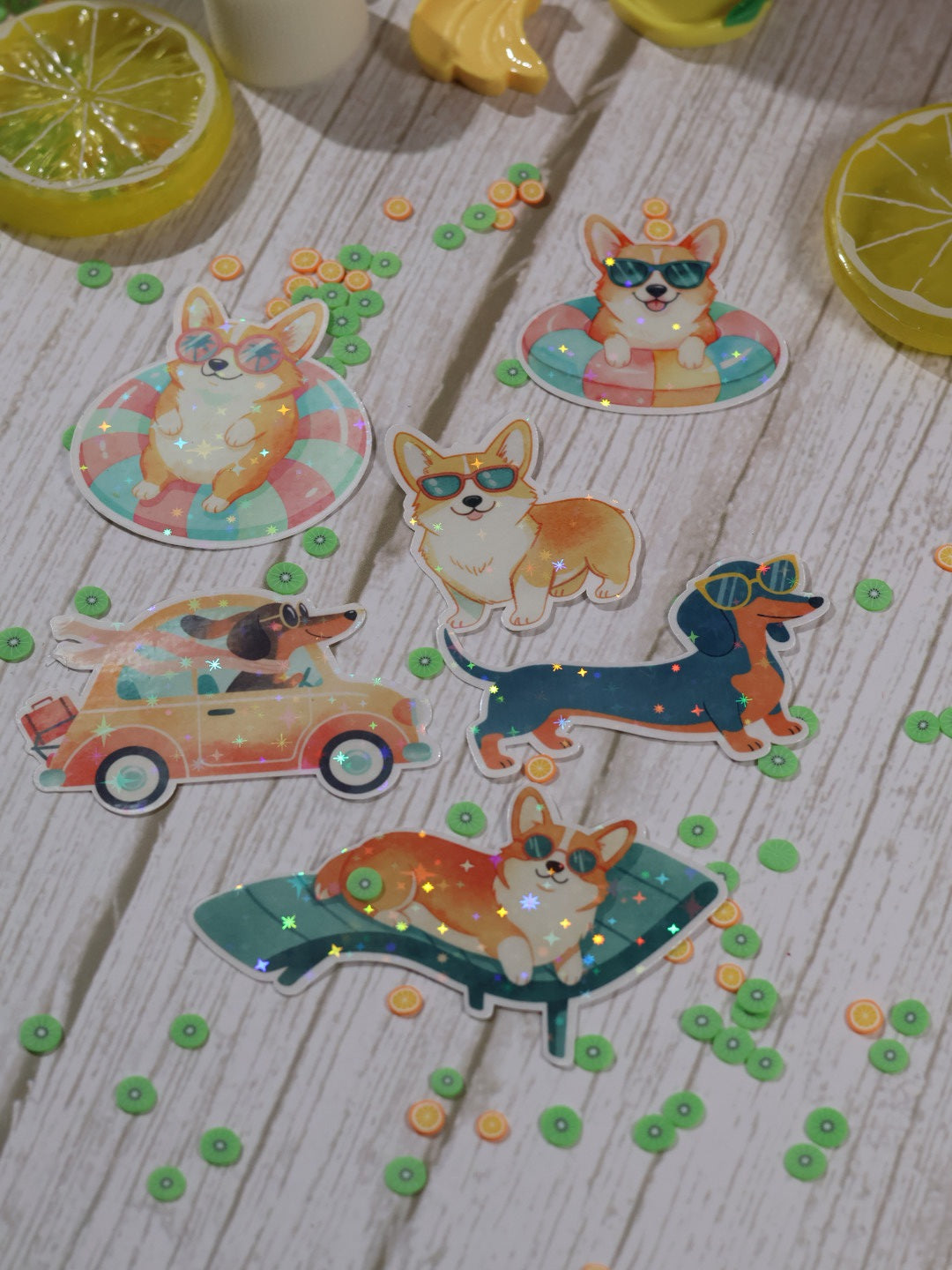 Lot de 6 stickers Zeste d’été en vinyle scintillant – Stickers pailletés