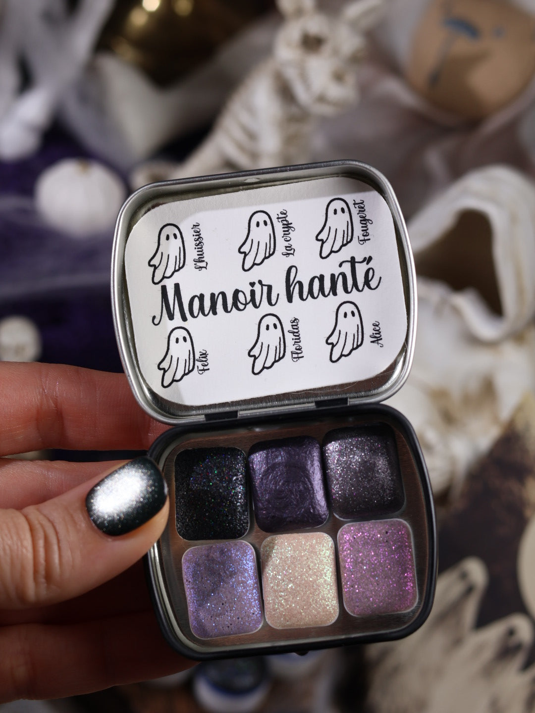 Le Manoir Hanté | Trousse de 6 aquarelles Halloween | Brillantes, étincelantes et solaires | artisanales | Brillantes, étincelantes et solaires | artisanales- 6 aquarelles à effets | aquarelle caméléons | aquarelles métallisées et pailletées | halloween