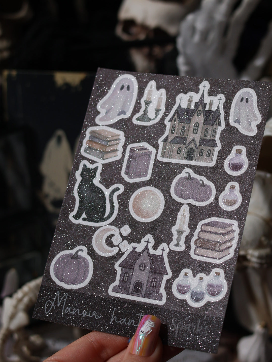 Planche de  stickers A6 Manoir hanté - Vinyle à paillettes – Stickers pailletés