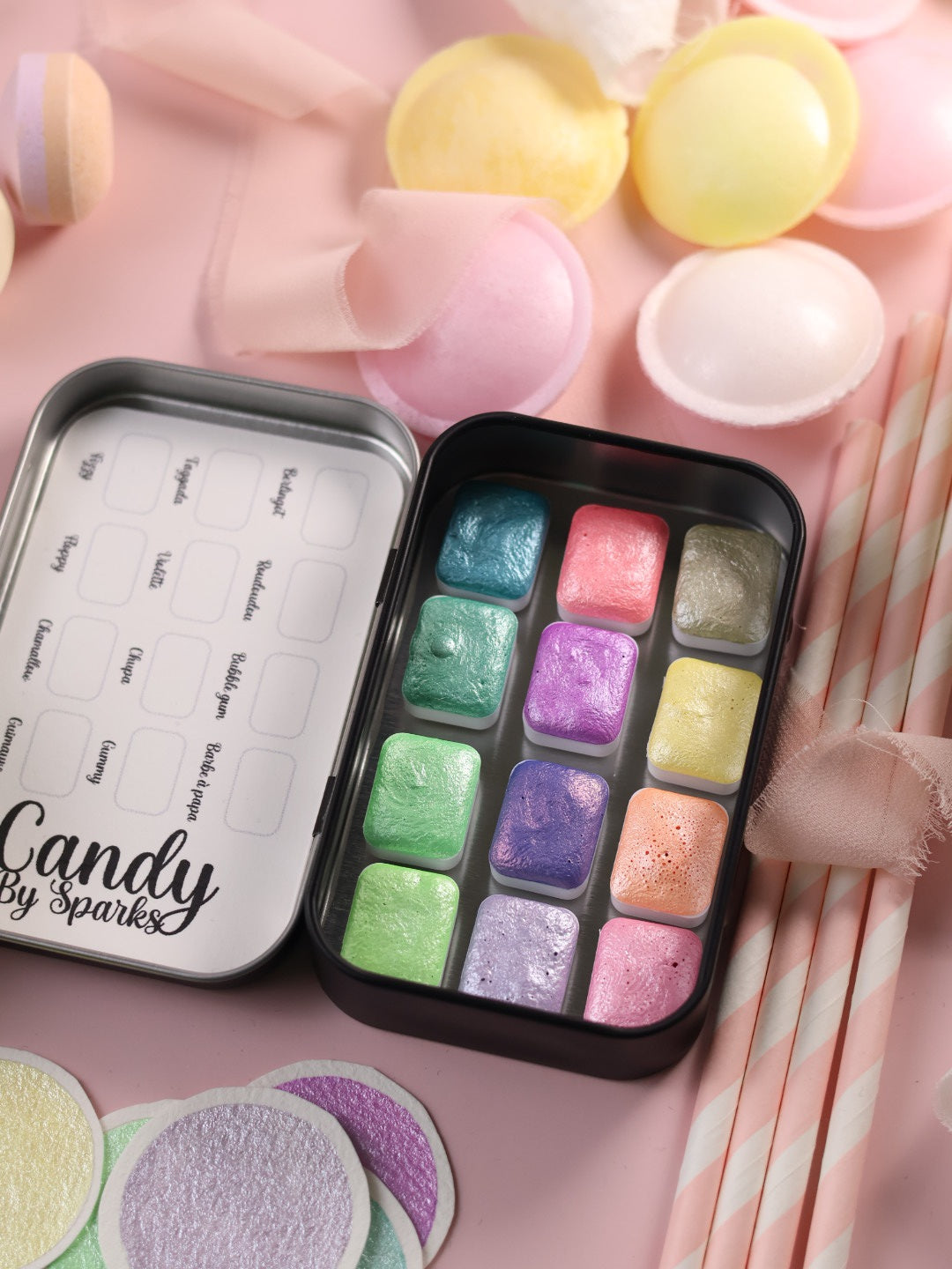 Candy | 12 metallische Pastell-Aquarellfarben | Handgefertigte Aquarellpalette | Intensives und brillantes Set