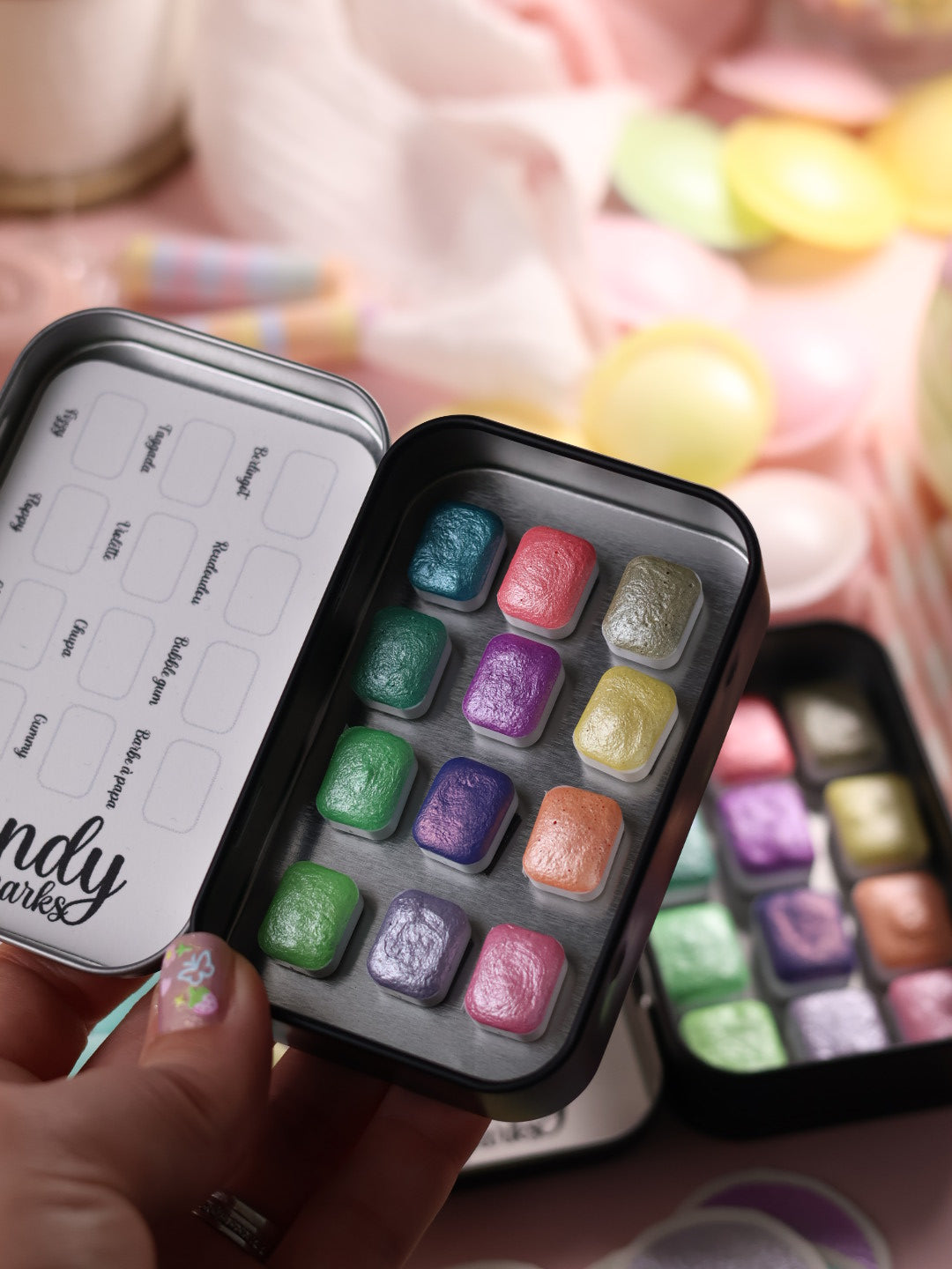 Candy | 12 metallische Pastell-Aquarellfarben | Handgefertigte Aquarellpalette | Intensives und brillantes Set