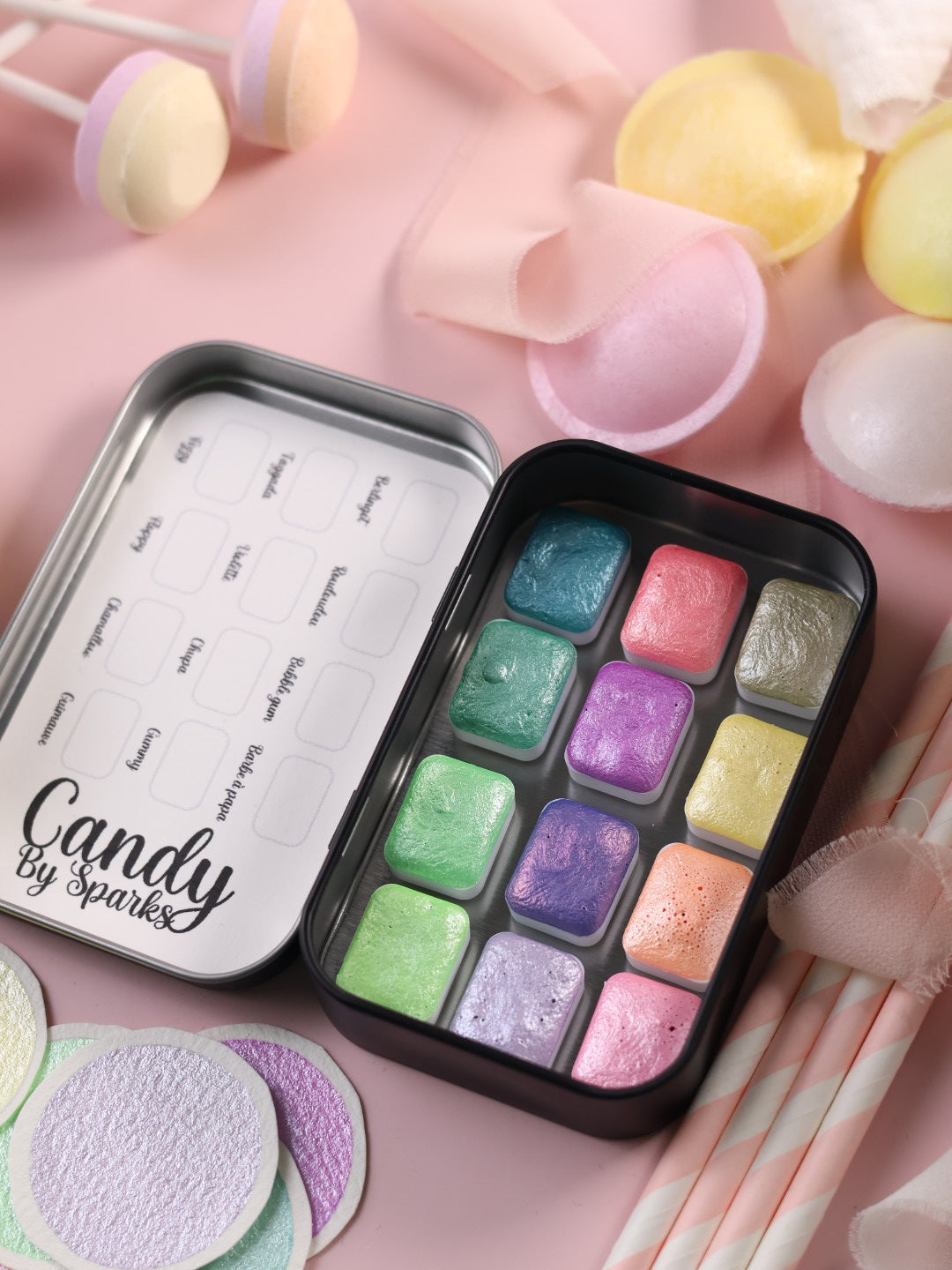 Candy | 12 metallische Pastell-Aquarellfarben | Handgefertigte Aquarellpalette | Intensives und brillantes Set