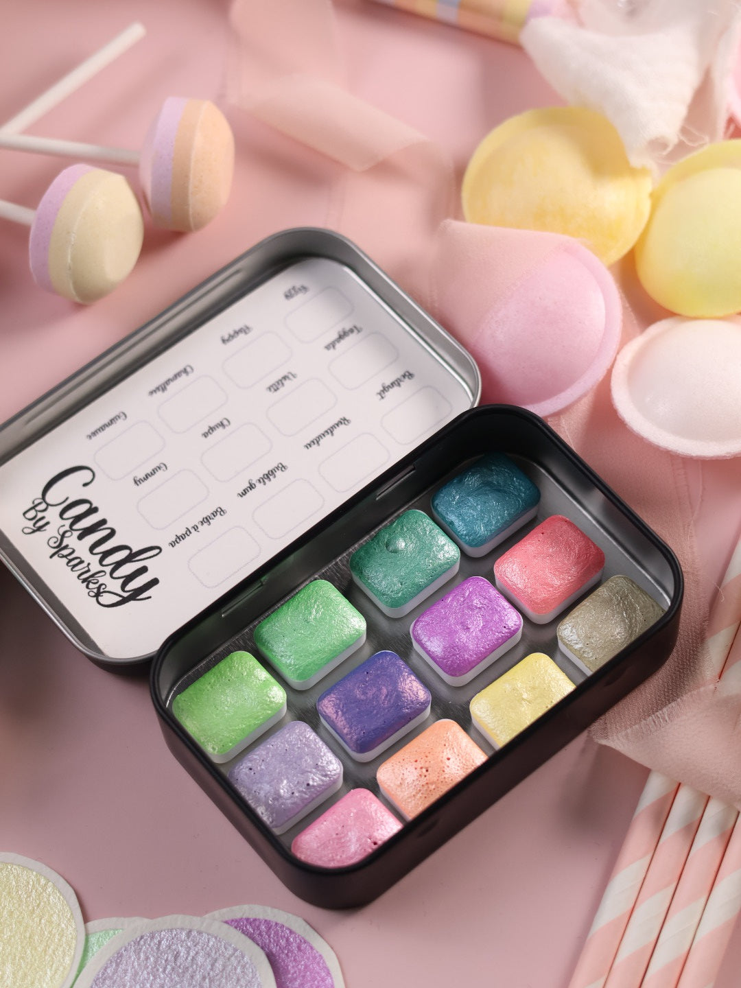 Candy | 12 metallische Pastell-Aquarellfarben | Handgefertigte Aquarellpalette | Intensives und brillantes Set