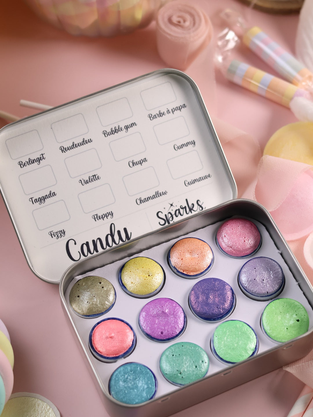 Candy | 12 metallische Pastell-Aquarellfarben | Handgefertigte Aquarellpalette | Intensives und brillantes Set