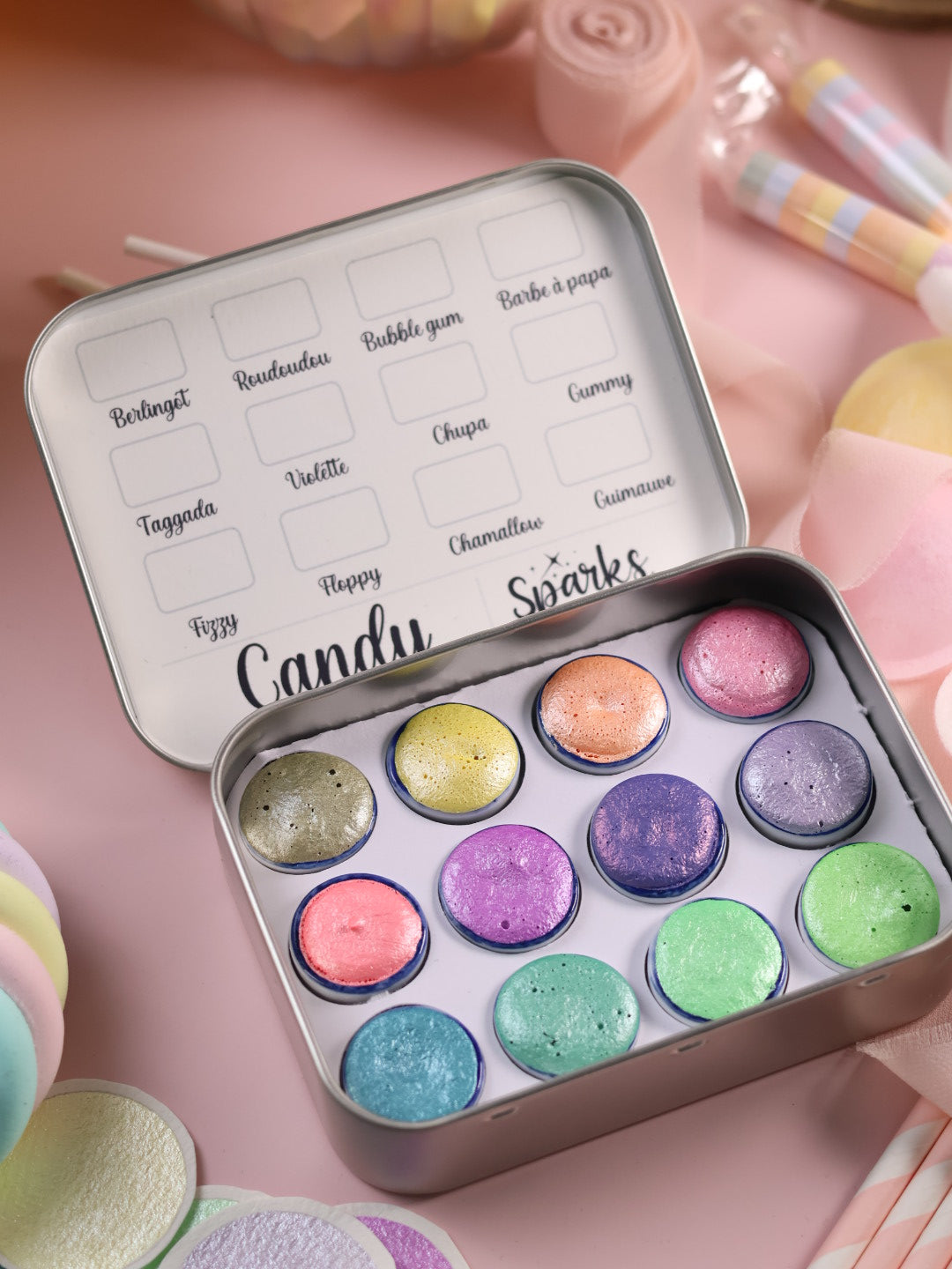 Candy | 12 metallische Pastell-Aquarellfarben | Handgefertigte Aquarellpalette | Intensives und brillantes Set