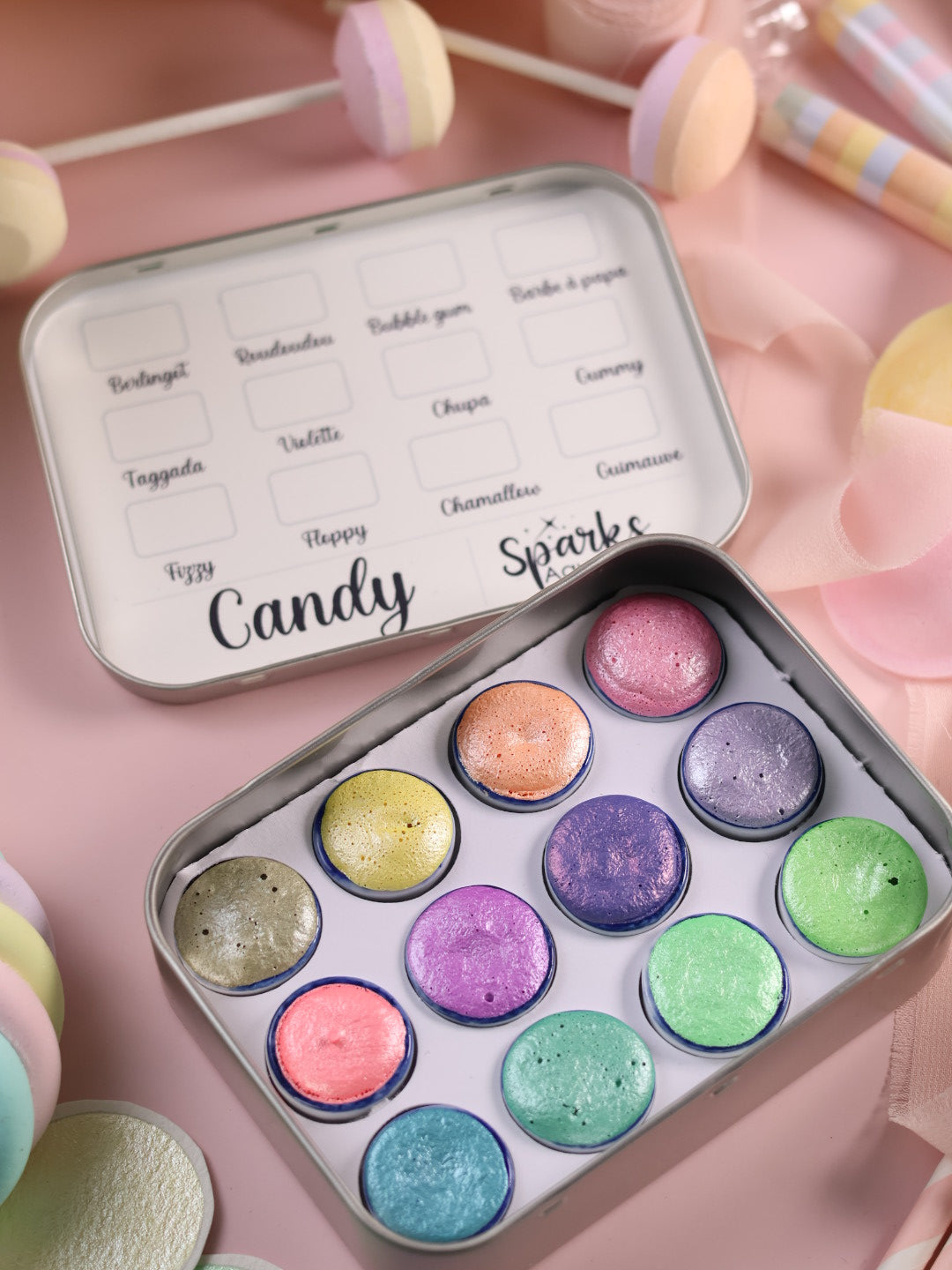 Candy | 12 metallische Pastell-Aquarellfarben | Handgefertigte Aquarellpalette | Intensives und brillantes Set