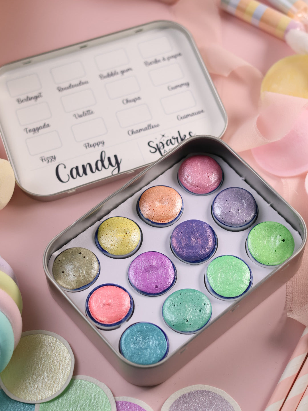 Candy | 12 metallische Pastell-Aquarellfarben | Handgefertigte Aquarellpalette | Intensives und brillantes Set