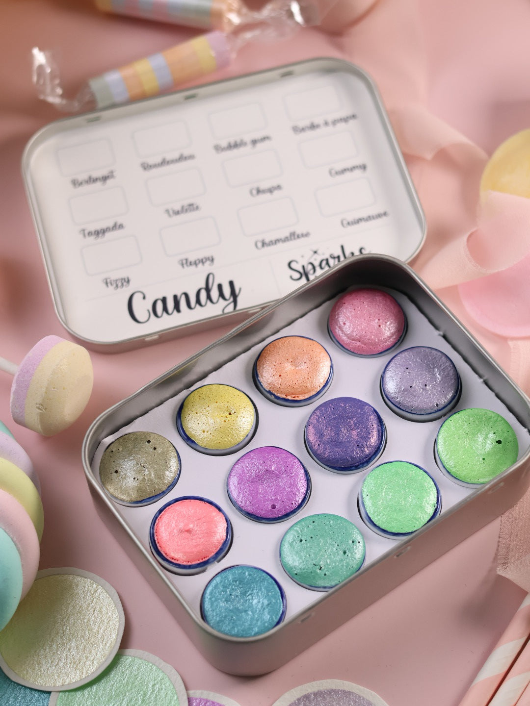 Candy | 12 metallische Pastell-Aquarellfarben | Handgefertigte Aquarellpalette | Intensives und brillantes Set