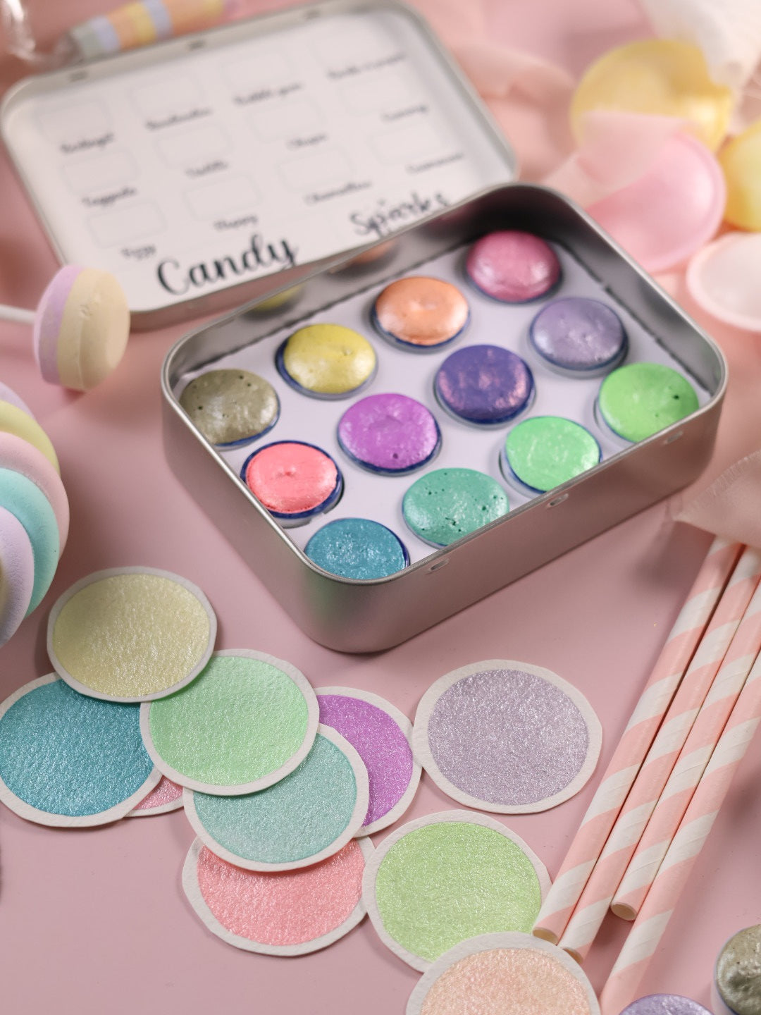 Candy | 12 metallische Pastell-Aquarellfarben | Handgefertigte Aquarellpalette | Intensives und brillantes Set