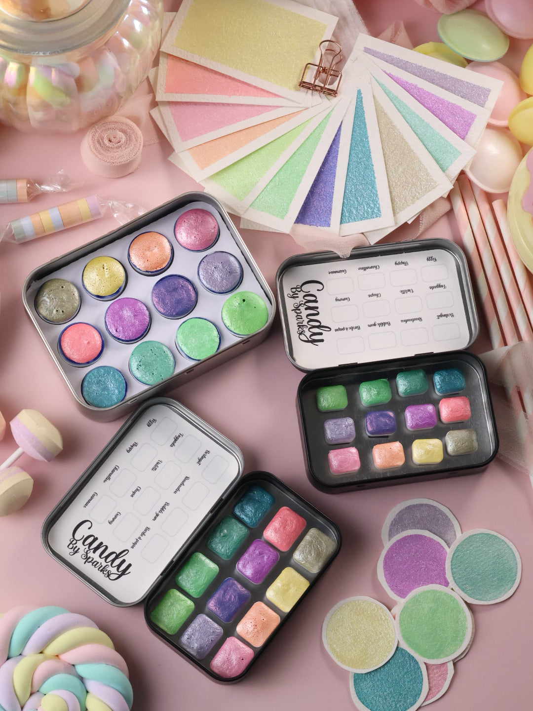 Candy | 12 metallische Pastell-Aquarellfarben | Handgefertigte Aquarellpalette | Intensives und brillantes Set