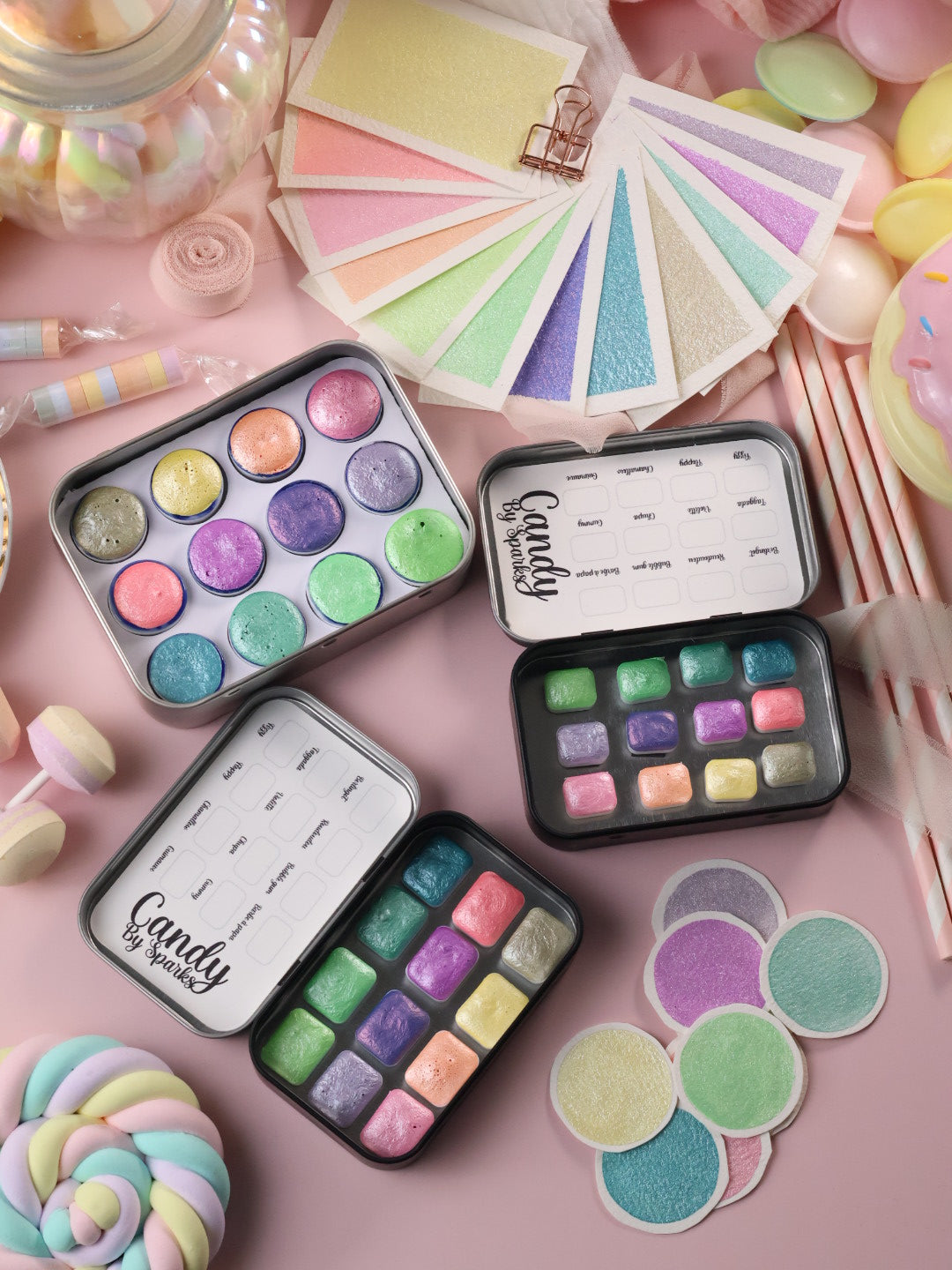 Candy | 12 metallische Pastell-Aquarellfarben | Handgefertigte Aquarellpalette | Intensives und brillantes Set