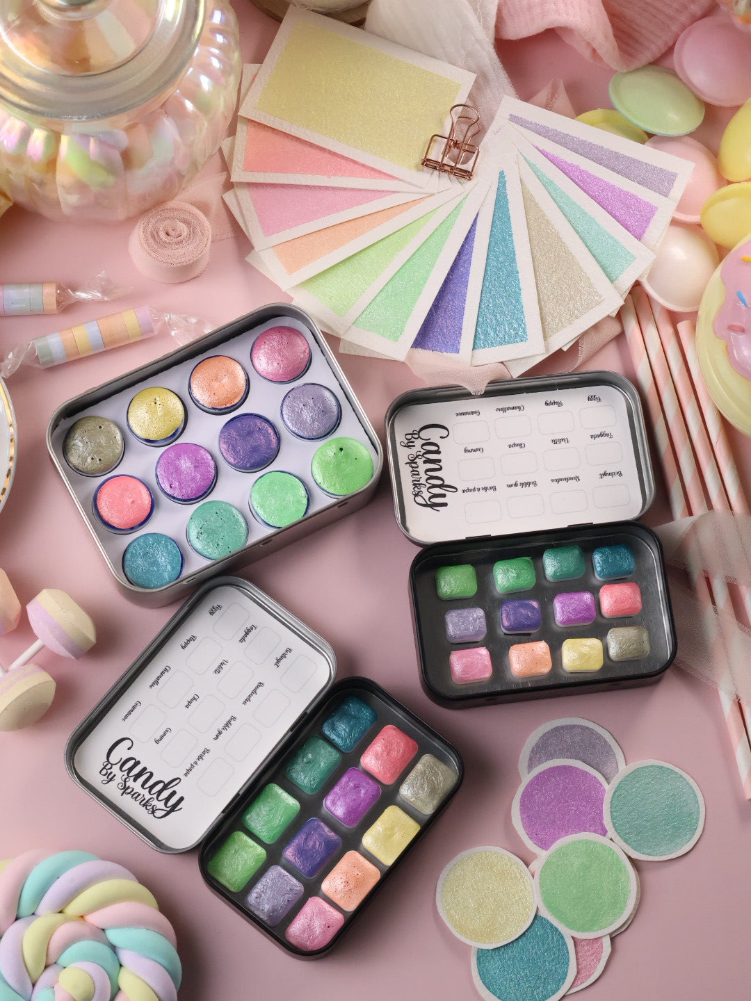 Candy | 12 metallische Pastell-Aquarellfarben | Handgefertigte Aquarellpalette | Intensives und brillantes Set