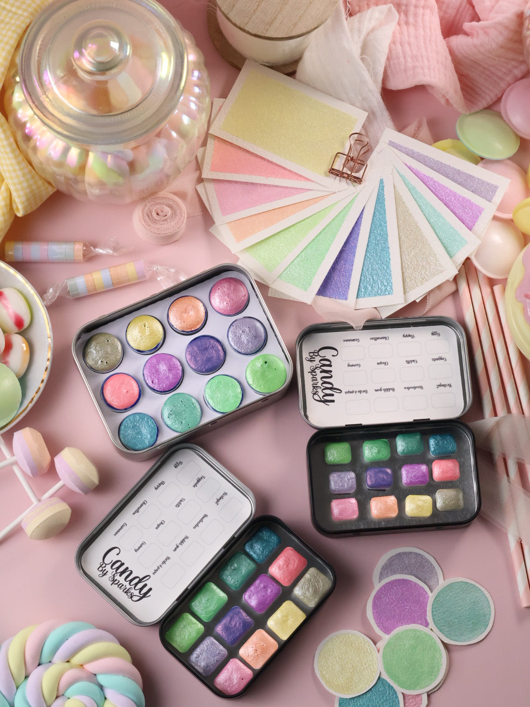 Candy | 12 metallische Pastell-Aquarellfarben | Handgefertigte Aquarellpalette | Intensives und brillantes Set