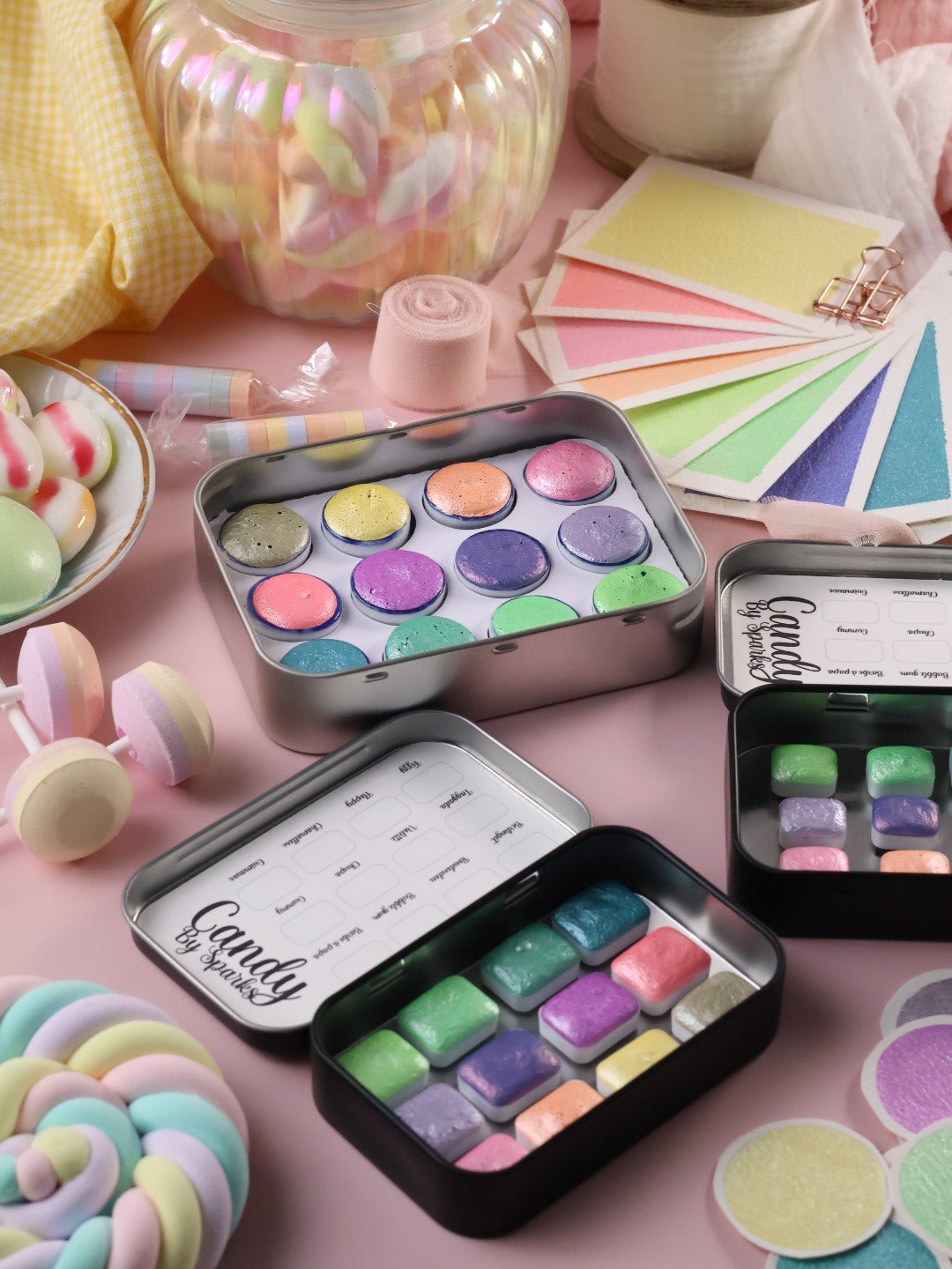 Candy | 12 metallische Pastell-Aquarellfarben | Handgefertigte Aquarellpalette | Intensives und brillantes Set