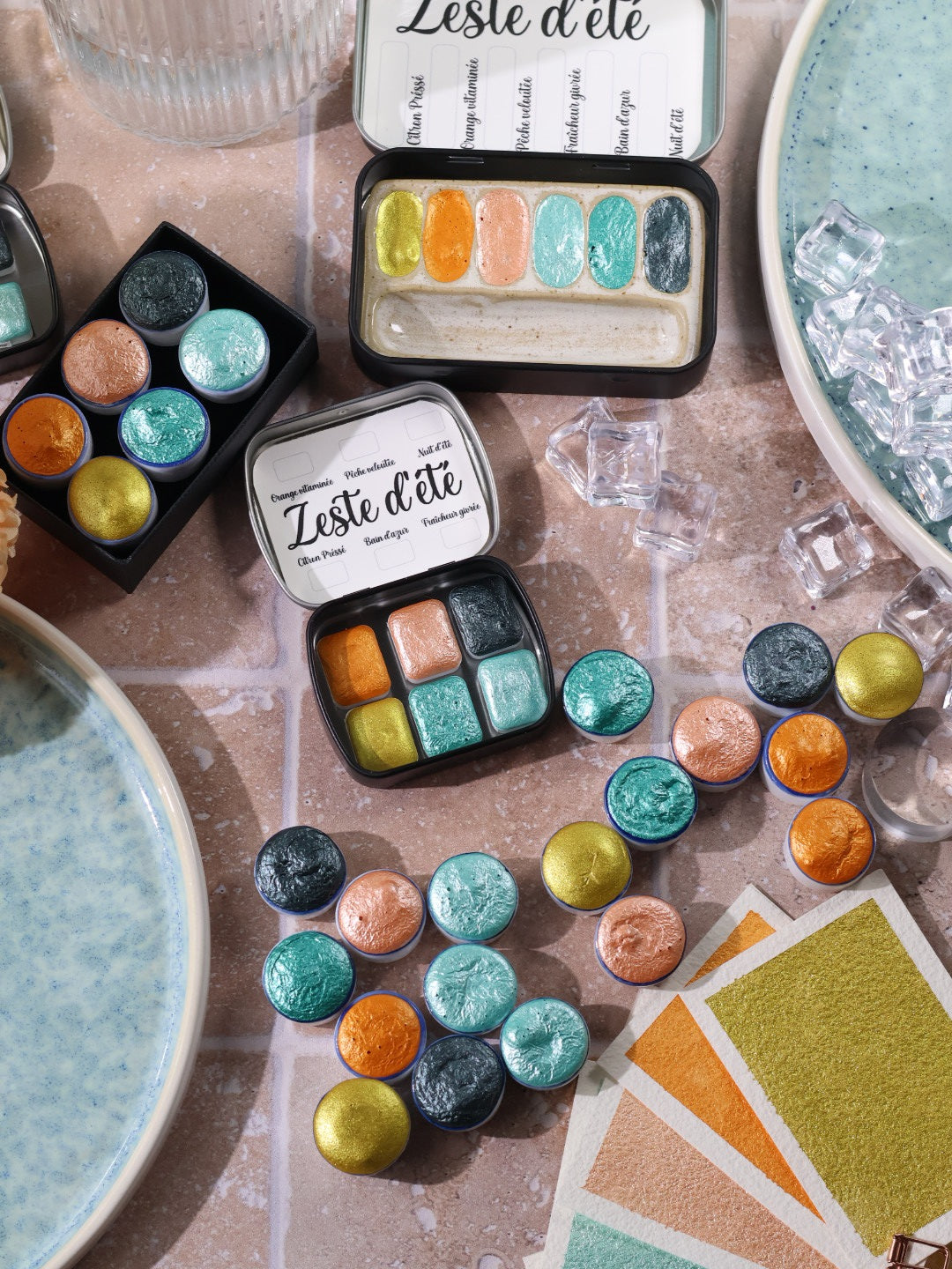 Zeste d'été | 6 aquarelles à effet | Brillantes, pailletées et solaires | artisanales