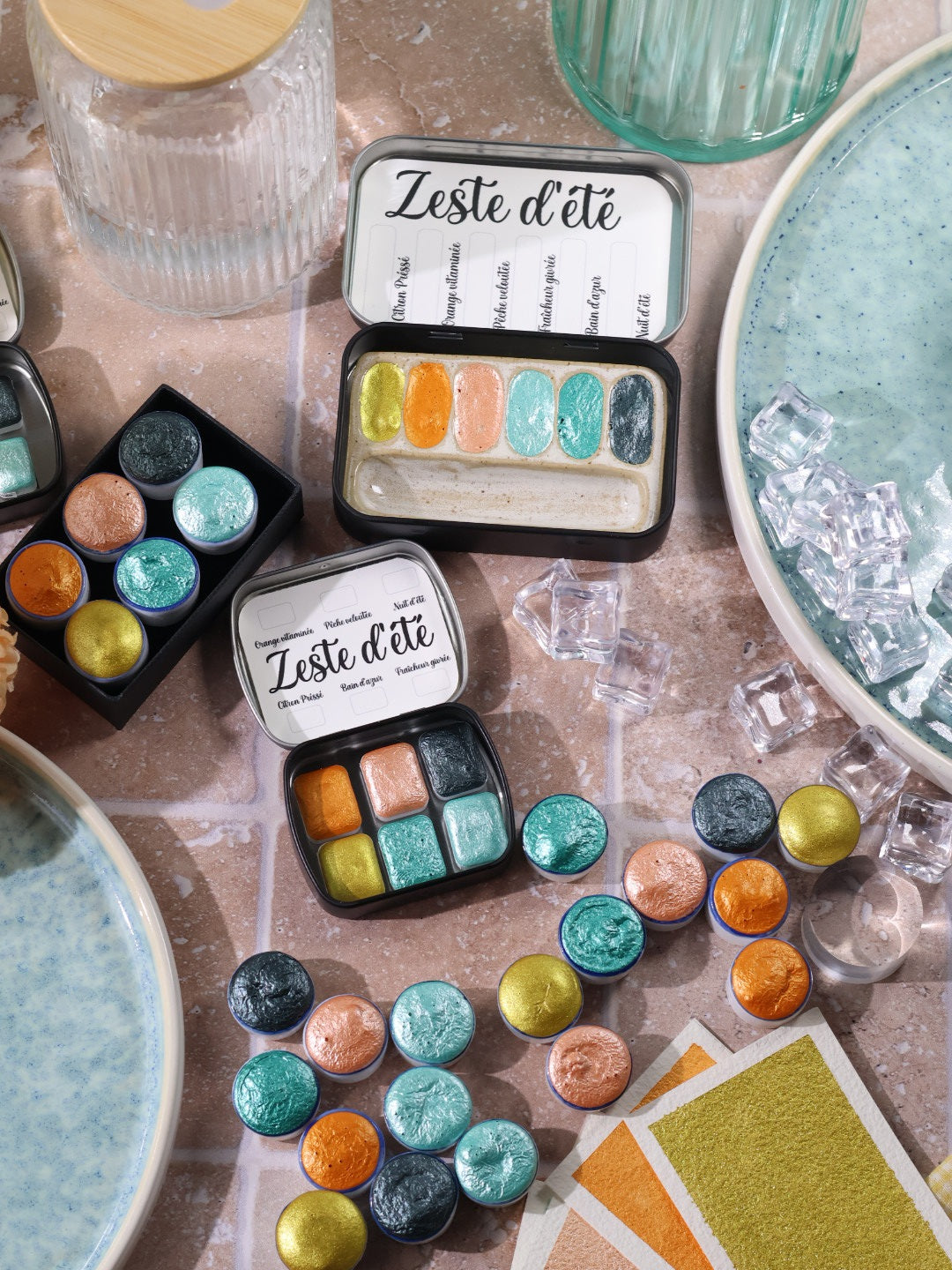 Zeste d'été | 6 aquarelles à effet | Brillantes, pailletées et solaires | artisanales