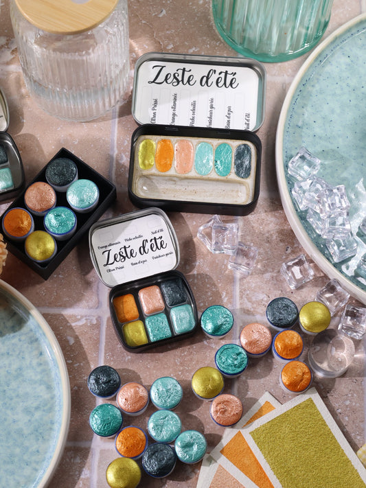 Zeste d'été | 6 aquarelles à effet | Brillantes, pailletées et solaires | artisanales