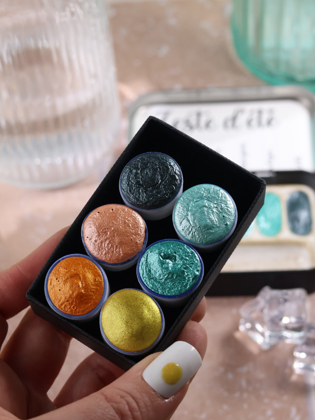 Zeste d'été | 6 aquarelles à effet | Brillantes, pailletées et solaires | artisanales