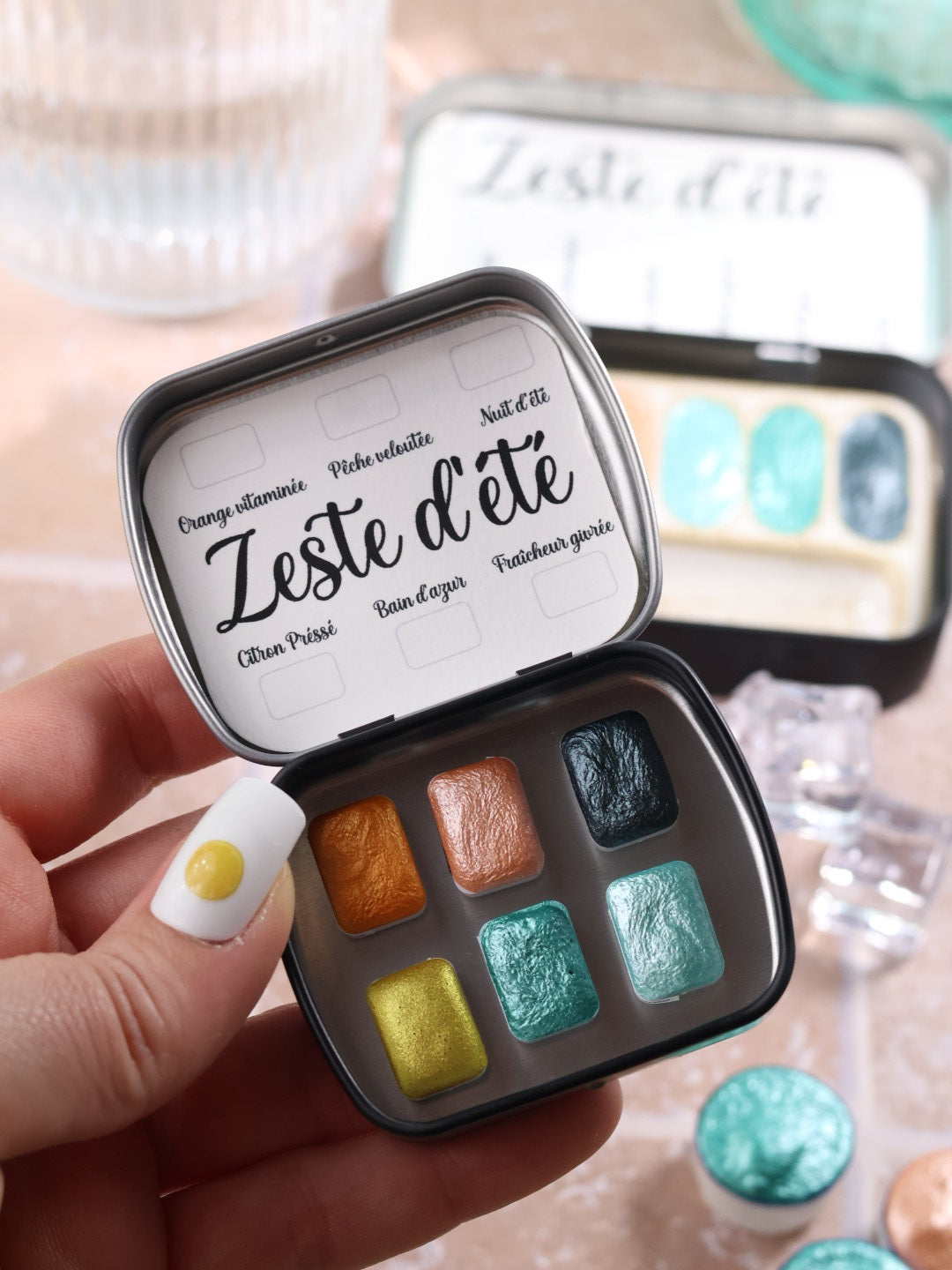 Zeste d'été | 6 aquarelles à effet | Brillantes, pailletées et solaires | artisanales
