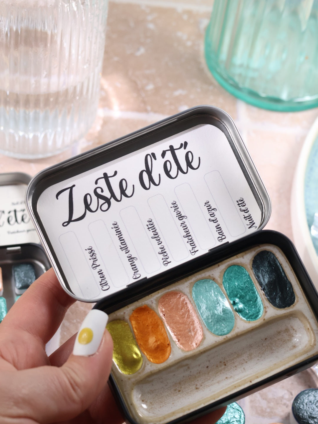 Zeste d'été | 6 aquarelles à effet | Brillantes, pailletées et solaires | artisanales