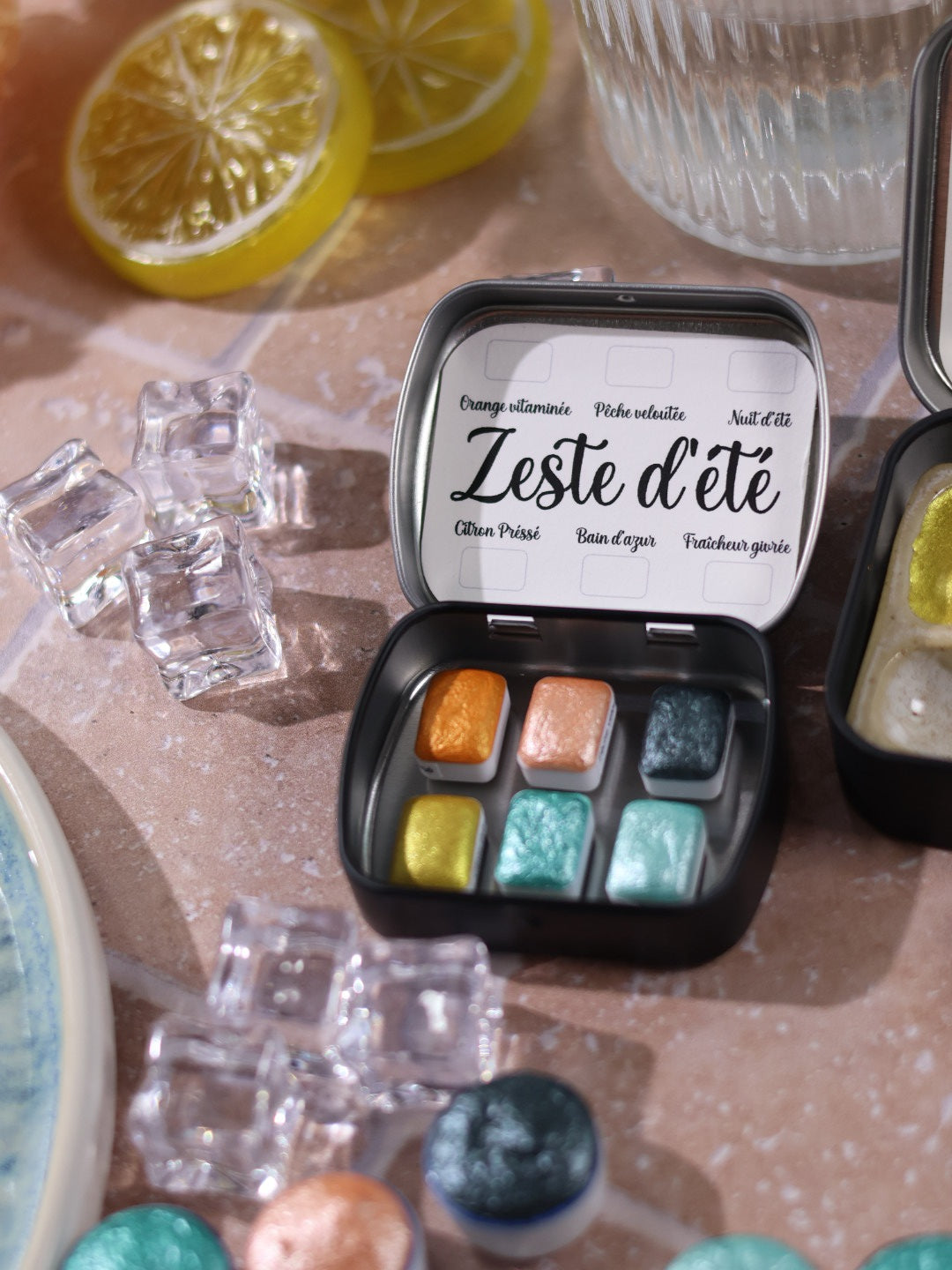 Zeste d'été | 6 aquarelles à effet | Brillantes, pailletées et solaires | artisanales
