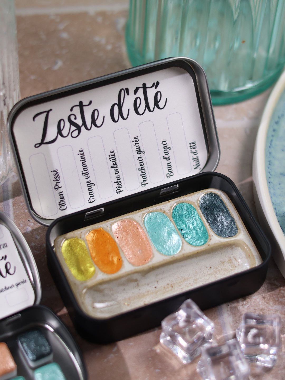 Zeste d'été | 6 aquarelles à effet | Brillantes, pailletées et solaires | artisanales