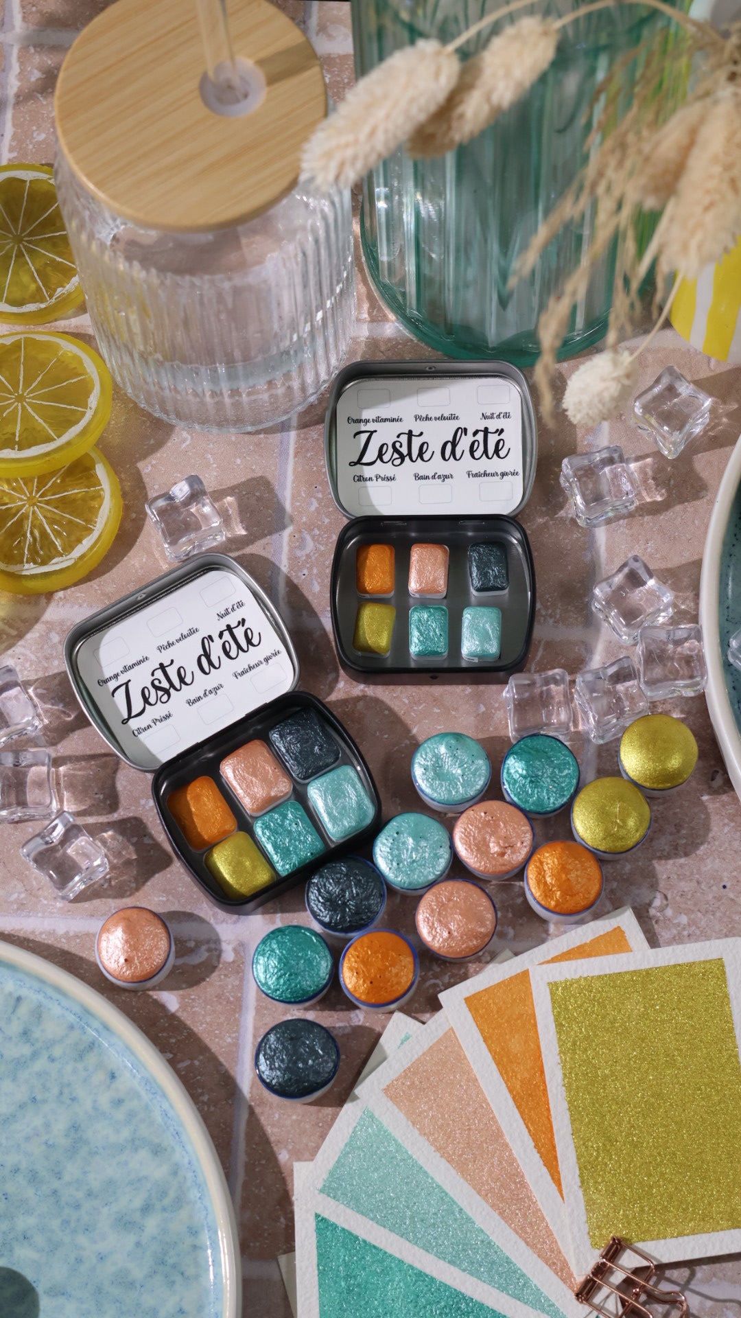 Zeste d'été | 6 aquarelles à effet | Brillantes, pailletées et solaires | artisanales