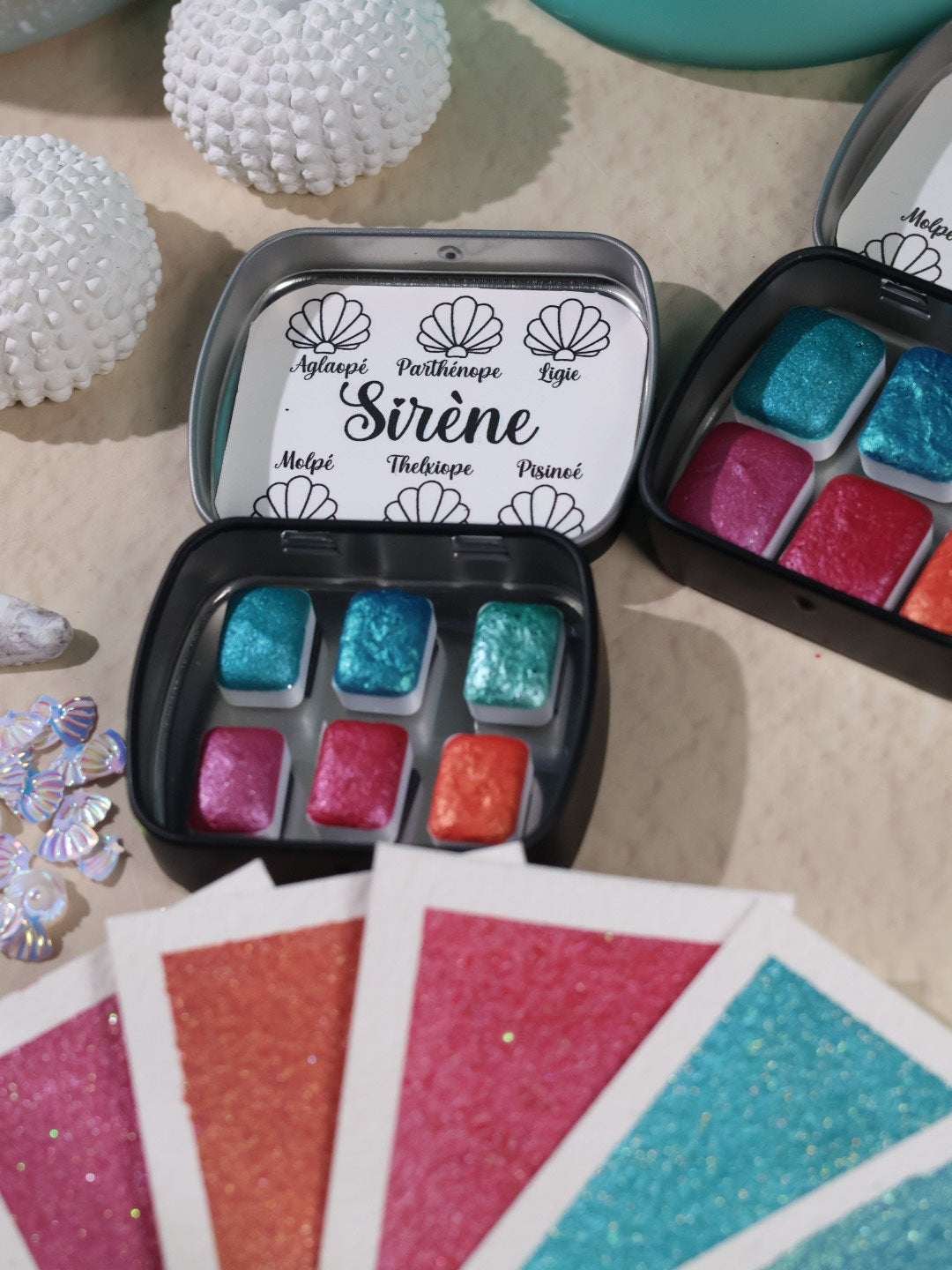 Sirène - 6 aquarelles texturées | aquarelles à paillettes et flocons | aquarelle métallisées et pailletées | aquarelle artisanale fait main