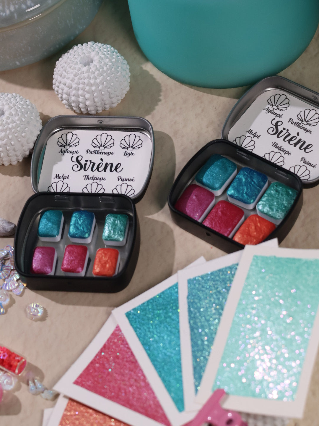 Sirène - 6 aquarelles texturées | aquarelles à paillettes et flocons | aquarelle métallisées et pailletées | aquarelle artisanale fait main