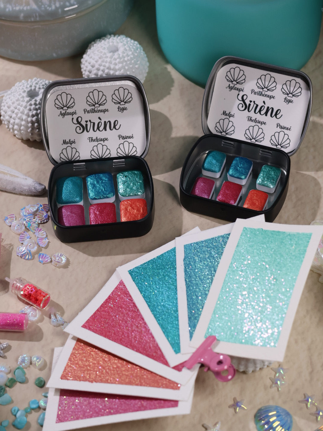 Sirène - 6 aquarelles texturées | aquarelles à paillettes et flocons | aquarelle métallisées et pailletées | aquarelle artisanale fait main