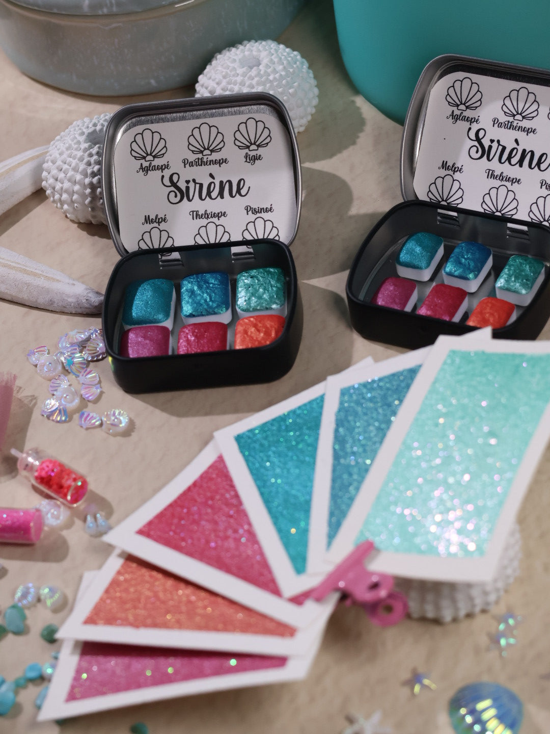 Sirène - 6 aquarelles texturées | aquarelles à paillettes et flocons | aquarelle métallisées et pailletées | aquarelle artisanale fait main