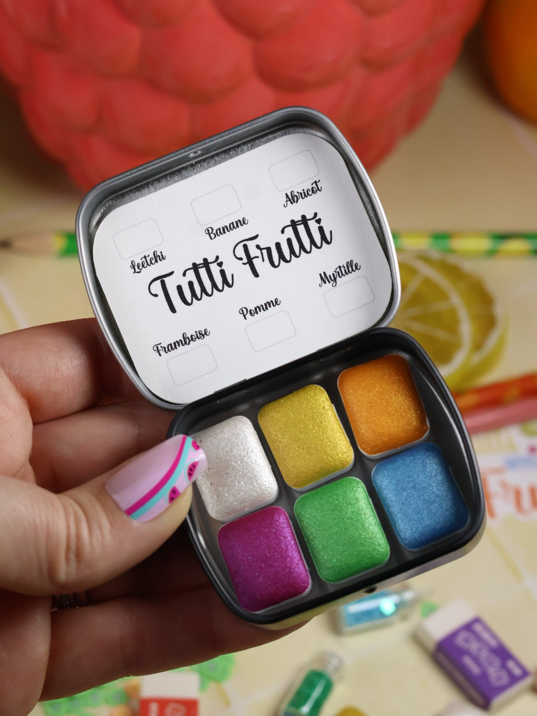 Tutti frutti - 6 aquarelles pailletées | aquarelles à paillettes fluos | aquarelle métallisée et pailletées | aquarelle artisanale fait main