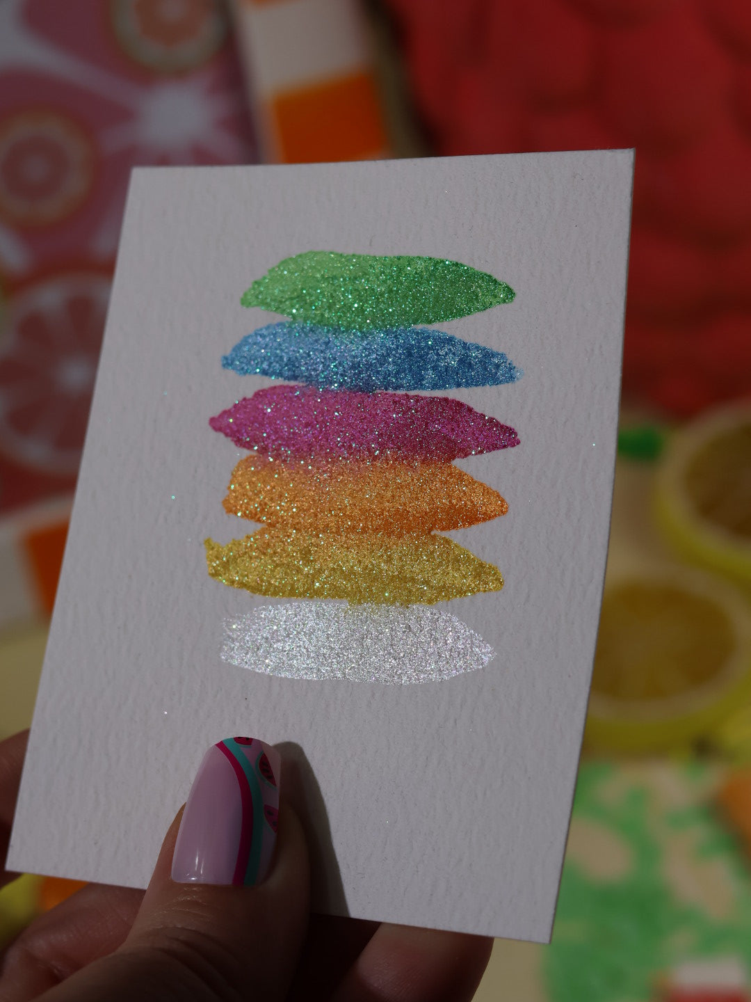 Tutti frutti - 6 aquarelles pailletées | aquarelles à paillettes fluos | aquarelle métallisée et pailletées | aquarelle artisanale fait main