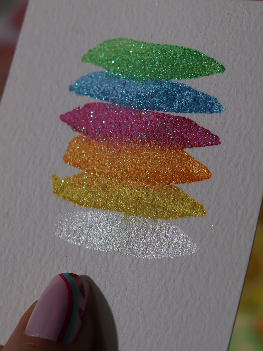 Tutti frutti - 6 aquarelles pailletées | aquarelles à paillettes fluos | aquarelle métallisée et pailletées | aquarelle artisanale fait main